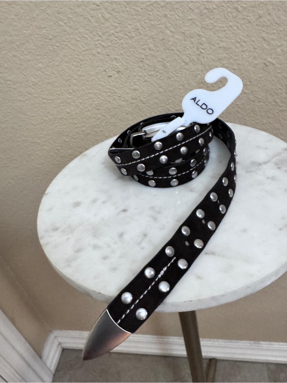 Aldo Women bohemian western chocolate brown leather silver tone studded belt